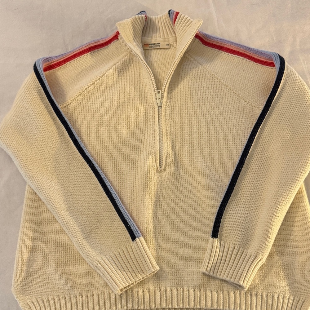 Marine Layer Women's Cream Sweater with Red and Blue Stripes 1/4 Zip